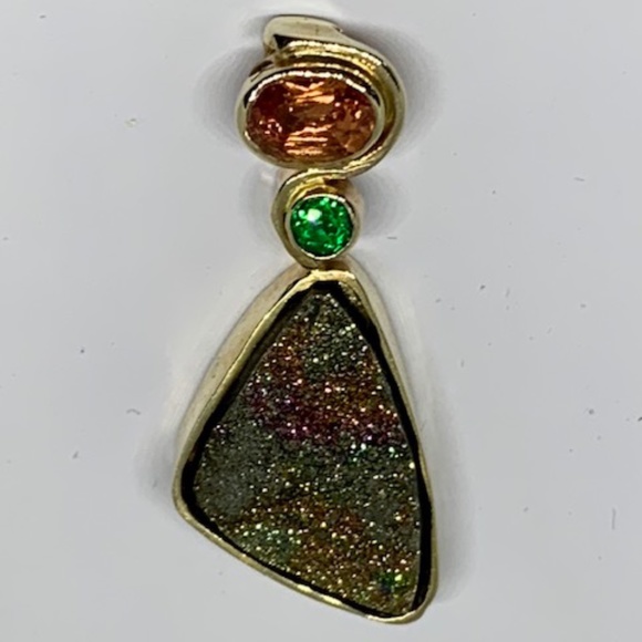 14K Pyrite Tsavorite & Spessartite Garnet OOAK Pendant